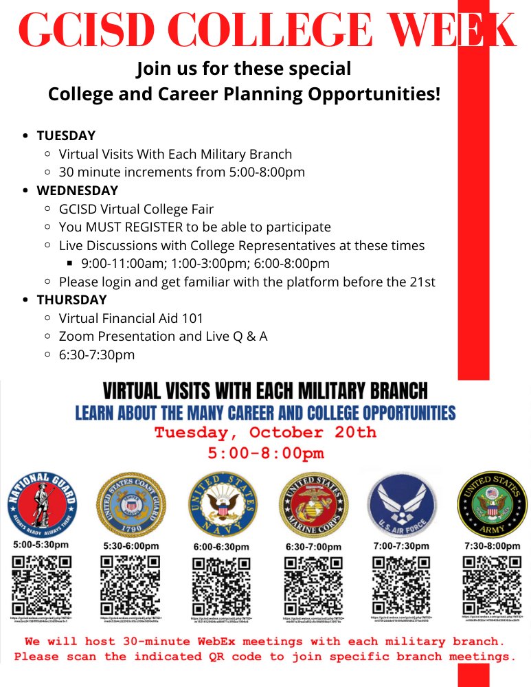 Get excited for GCISD College Week.  Check out these great opportunities for GCISD students!