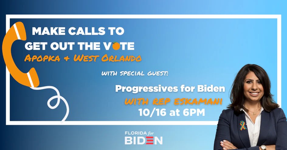 Join us this Friday (10/16) at 6PM for a Progressives for Biden phone bank with my favorite State Rep <a href="/AnnaForFlorida/">Rep. Anna V. Eskamani, PhD 🔨</a> 🔥🤩 mobilize.us/fl2020victory/…