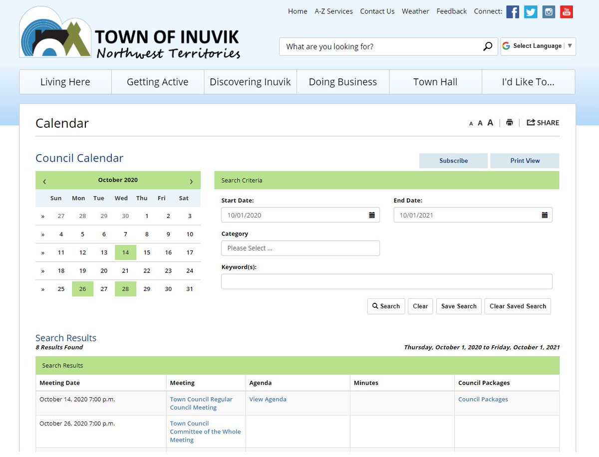 Inuvik Town Council meeting packages will now be posted online for public viewing.  

To view the meeting schedule, meeting packages, agendas and approved meeting minutes, please visit inuvik.ca/calendar/