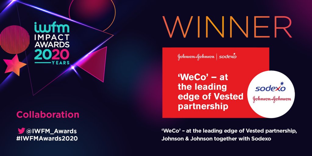 Fantastic recognition at the #IWFMAwards2020 for the Johnson &amp; Johnson and Sodexo teams winning the collaboration award for WeCo – the leading edge of Vested partnership!  
#facilitiesmanagement #innovation