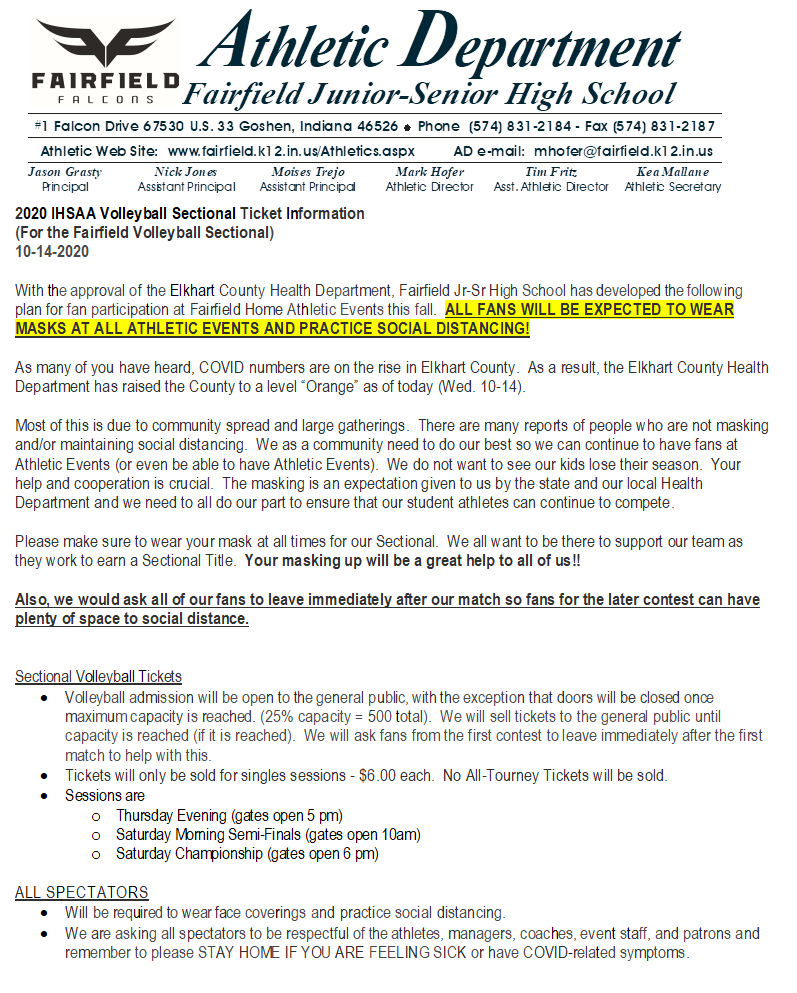 With Volleyball Sectional starting tomorrow, we need to double up our efforts at masking and social distancing. Elkhart County has moved to level "Orange".  We all need to help and do our part at the Sectional this weekend.  PLEASE HELP US!