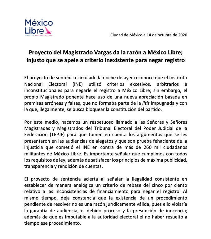 MexLibre_'s tweet photo. #BoletínDePrensa Proyecto del Magistrado Vargas da la razón a México Libre; injusto que se apele a criterio inexistente para negar registro https://t.co/3ZPMfXh2um