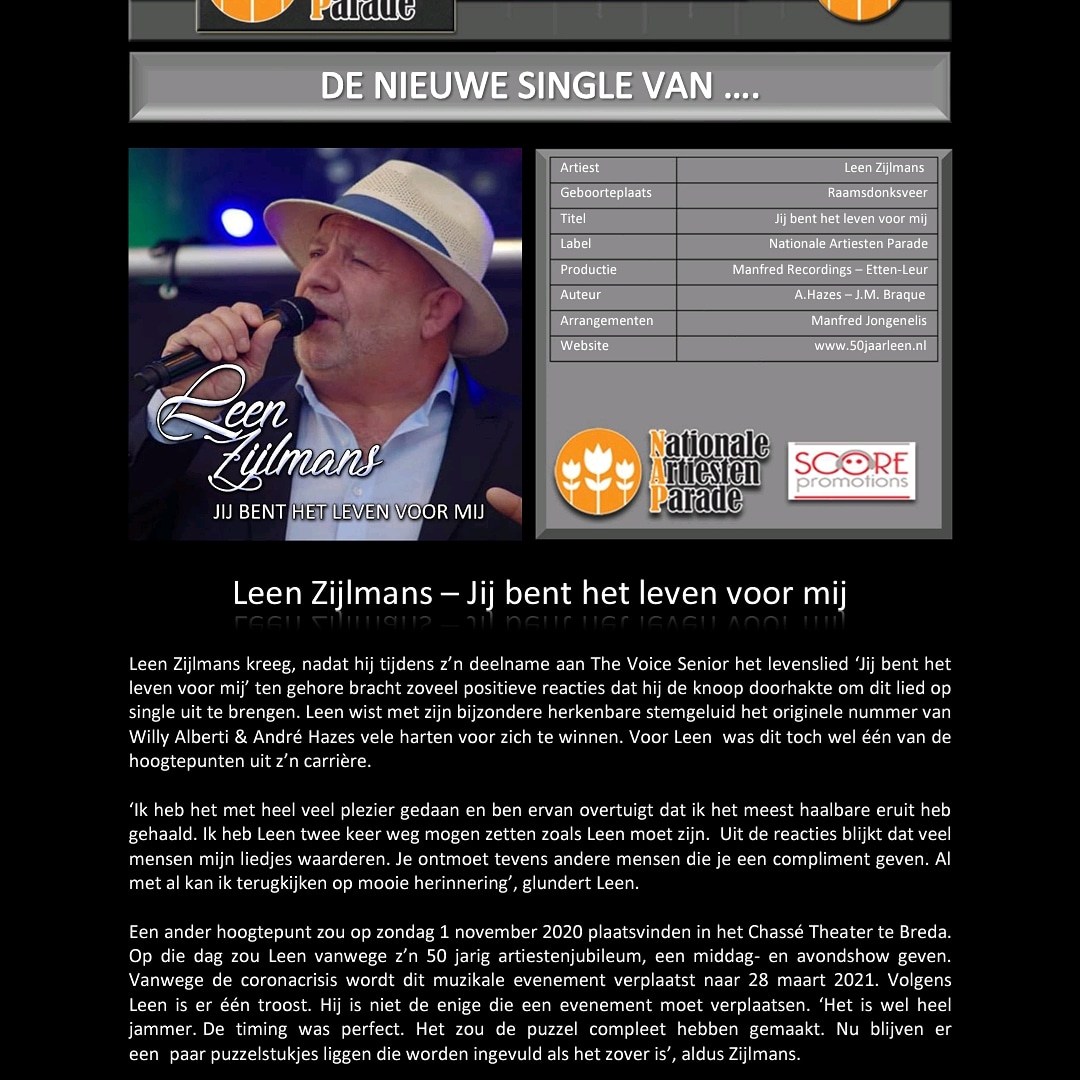 Na mijn waanzinnige avontuur bij The Voice, en de vele enthousiaste reacties die ik na dit liedje heb mogen ontvangen, heb ik het liedje
in een eigenzinnig jasje gestoken!! 'N beetje uptempo zodat we in deze moeilijke tijden de moed er 'n beetje in kunnen houden!!
Liefs Leen