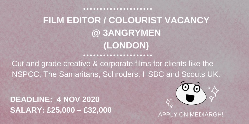 🆕🆕🆕
Film Editor / Colourist Vacancy
@ 3angrymen
(London)

Apply here: bit.ly/376jFZt

<a href="/3angrymen/">Thom Wood</a>

#filmjobs #editorjob #filmediting #mediajobs #videojobs #TVjobs