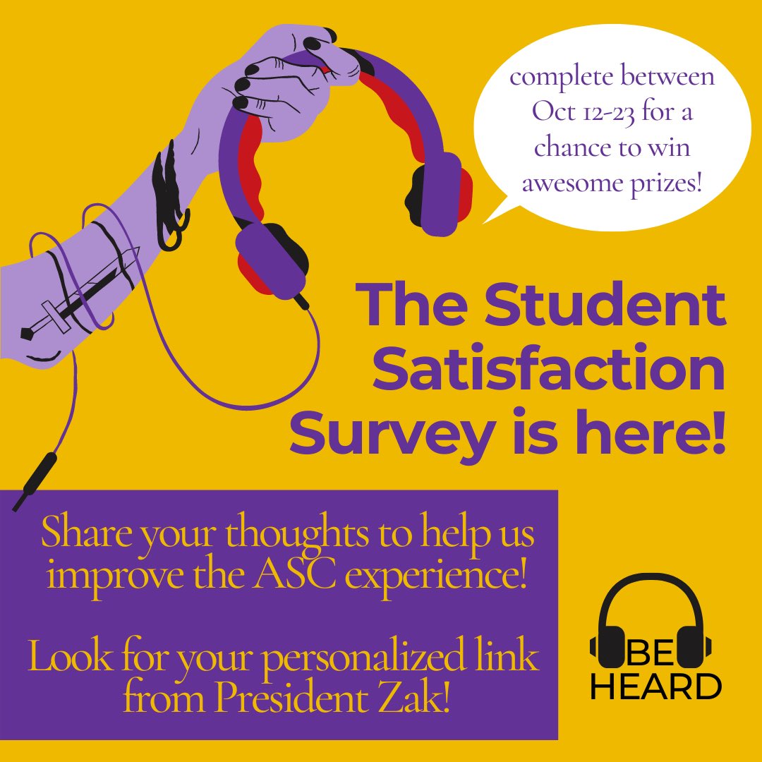 The Student Satisfaction Survey is here! Check for an email from President Zak with your unique link. Share your thoughts to help us improve the ASC experience.

Make sure to complete the survey between now and October 23 for a chance to win some really cool prizes.