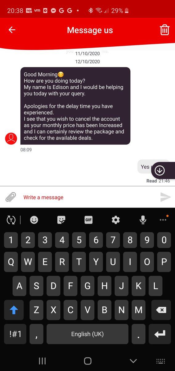 ASHCLARK1's tweet photo. @virginmedia Not being funny but we can't call due to Covid so you ask us to use the Message Us function on the app. 10 days trying to cancel my account and I am in a loop of 'Good Morning, do you still need help?', 'Yes' &amp; repeat. #poorservice https://t.co/vgo1XlTjxG