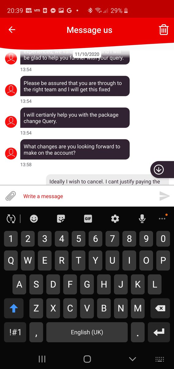 ASHCLARK1's tweet photo. @virginmedia Not being funny but we can't call due to Covid so you ask us to use the Message Us function on the app. 10 days trying to cancel my account and I am in a loop of 'Good Morning, do you still need help?', 'Yes' &amp; repeat. #poorservice https://t.co/vgo1XlTjxG