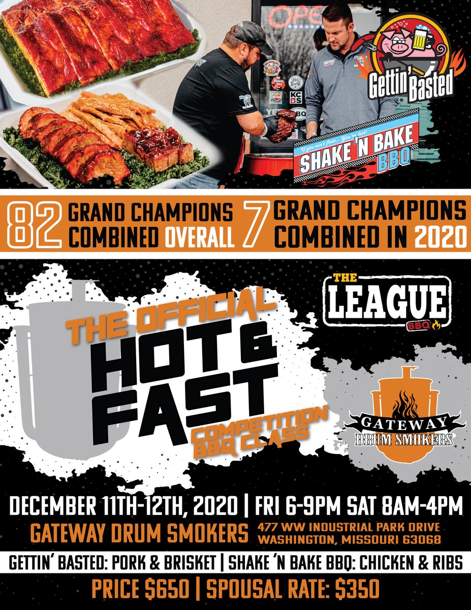 Gateway Drum Smokers (@gatewaydrums) on Twitter photo We're doing it. We're doing it again people. Another Hot & Fast class from <a href="/GettinBasted/">Brad Leighninger</a> and Shake 'n Bake BBQ!!
December 11th-12th, 2020 here at Gateway Drum Smokers. These two BBQ teams have 82 combined GRAND CHAMPION titles!
Sign up here: bit.ly/375sbaZ We're doing it. We're doing it again people. Another Hot & Fast class from <a href="/GettinBasted/">Brad Leighninger</a> and Shake 'n Bake BBQ!!
December 11th-12th, 2020 here at Gateway Drum Smokers. These two BBQ teams have 82 combined GRAND CHAMPION titles!
Sign up here: bit.ly/375sbaZ