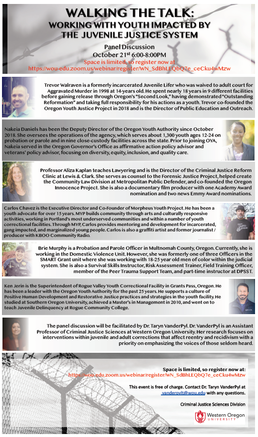 WACJRegion5's tweet photo. One of our regional universities, Western Oregon Univ, has organized some great panels on #juvenilejustice! Join us to hear insightful presentations on the Lived Experiences in the JJ System (Oct 20th, 6pm PST) and Working with Youth Impacted by the JJ System (Oct 21, 6pm PST) https://t.co/LuMIoD1xlP
