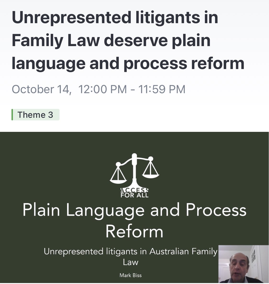 AccessForAllCon's tweet image. Make sure you check out Mark Biss’ presentation. 

Poorly designed, confusing documents hamper access to justice for unrepresented litigants.  

He highlights some key ways to bring clarity! 

#accessforallconference 
@ClarityInterna
 @plain_language @PLAIN_Lang_Intl