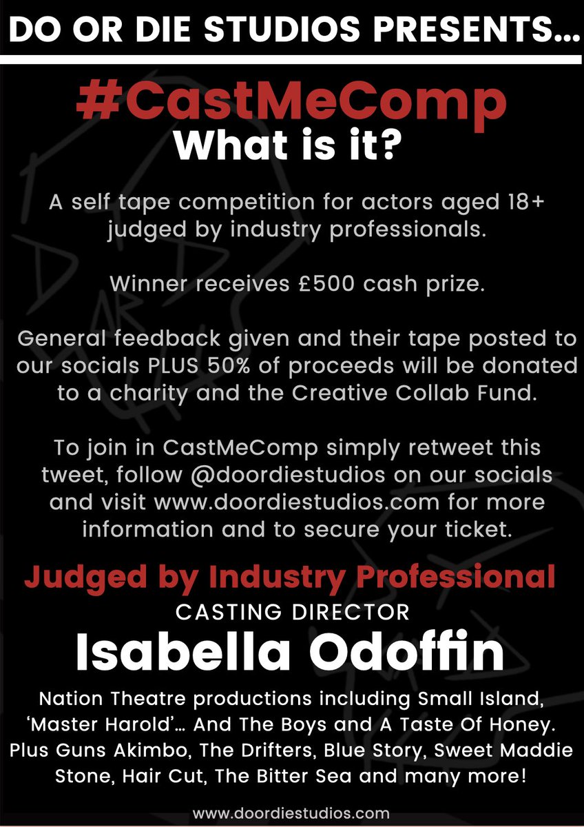 DoorDieStudios's tweet image. Our next #CastMeComp will be judged by Casting Director ISABELLA ODOFFIN (@isabellaodoffin). Tickets at doordiestudios.com/castmecomp. Isabella will also be joining our Casting Director round table at the VIRTUAL ACTOR CONFERENCE 2020. Plus Mike Leigh, John Godber, EIA &amp;amp; more to come!