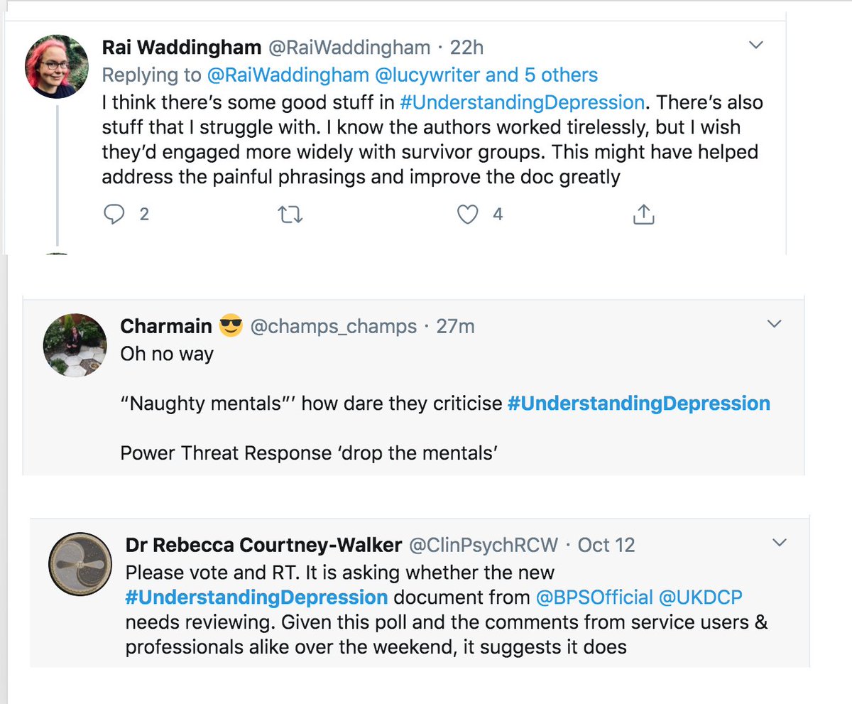 DrAshRam1's tweet image. Not just a few 'twitter-psychs'. So many people with lived experience have come out against #UnderstandingDepression that it made me question my initial reaction to the document. This blog in particular by @lucywriter made me stop and think: lucysdepressiondiary.wordpress.com/2020/10/12/not…