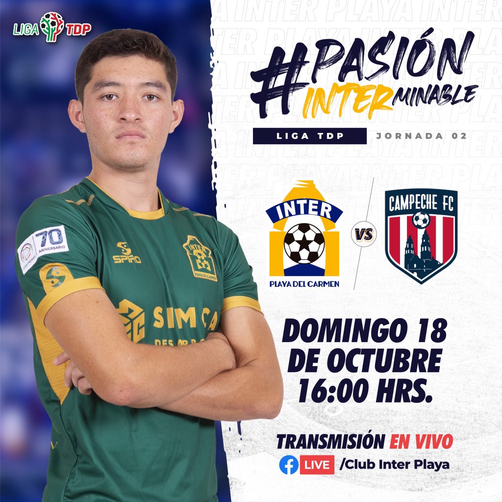 ¡Vuelve la emoción de la <a href="/LigaTDP/">Liga TDP</a> a #PlayaDelCarmen! 🤩⚽️

Este domingo 18 de octubre a las 4 de la tarde #InterPlaya hace su debut ante Campeche F.C. en la cancha del estadio Mario Villanueva 🏟🙌🏻⚽️

Sigue la transmisión #EnVivo por #InterPlayaTv 📺

#PasiónINTERminable 🟢🔵