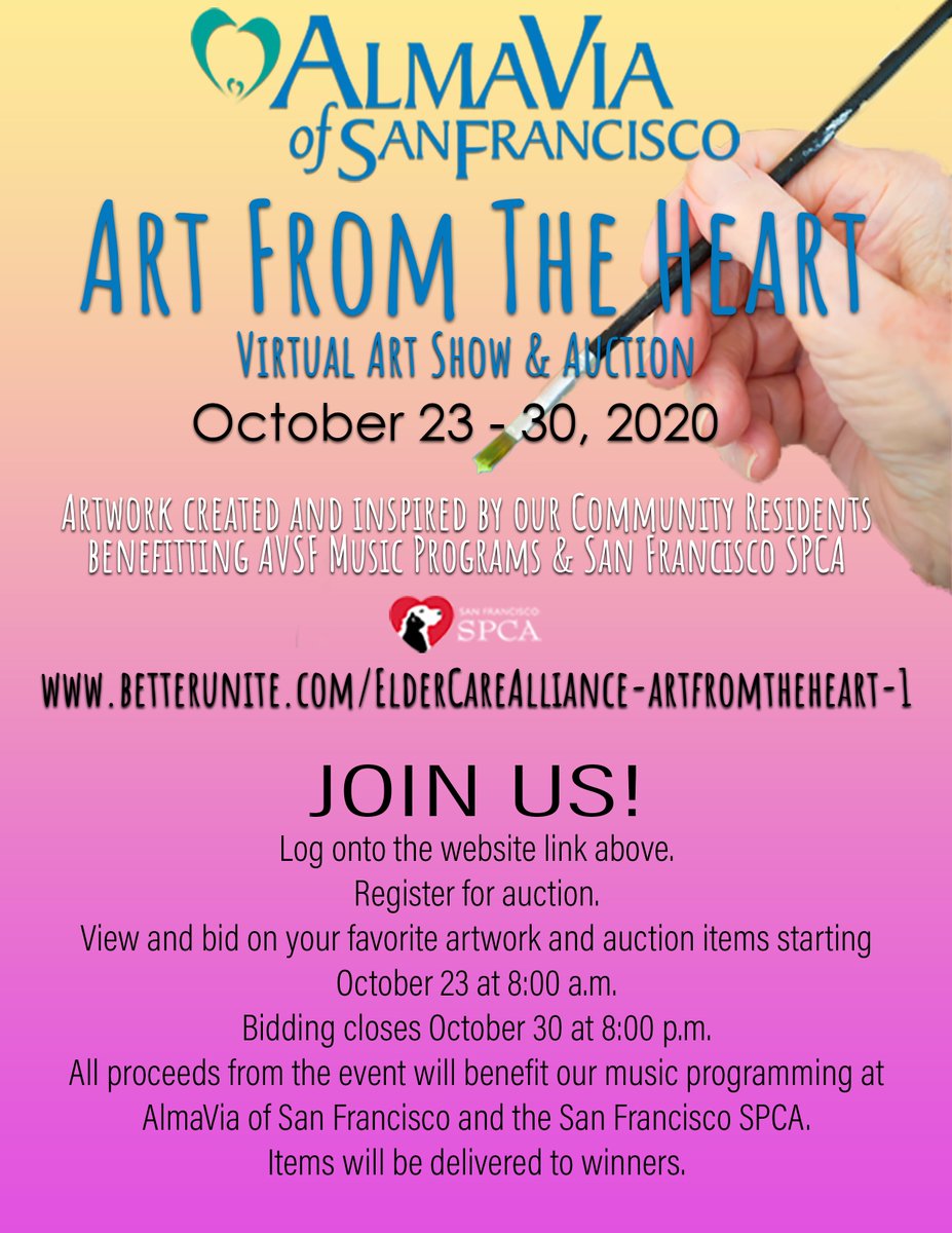ElderCareAll's tweet photo. Our art show and auction have become a tradition at AlmaVia of San Francisco. We've moved it online this year!

Log onto https://t.co/poLeFPNWw3 and register now! Silent auction bidding Oct. 23 at 8:00 a.m. - Oct. 30 at 8:00 p.m.

#SeniorLiving #ArtShow #ArtAuction #SFart https://t.co/xiE6pnbWok