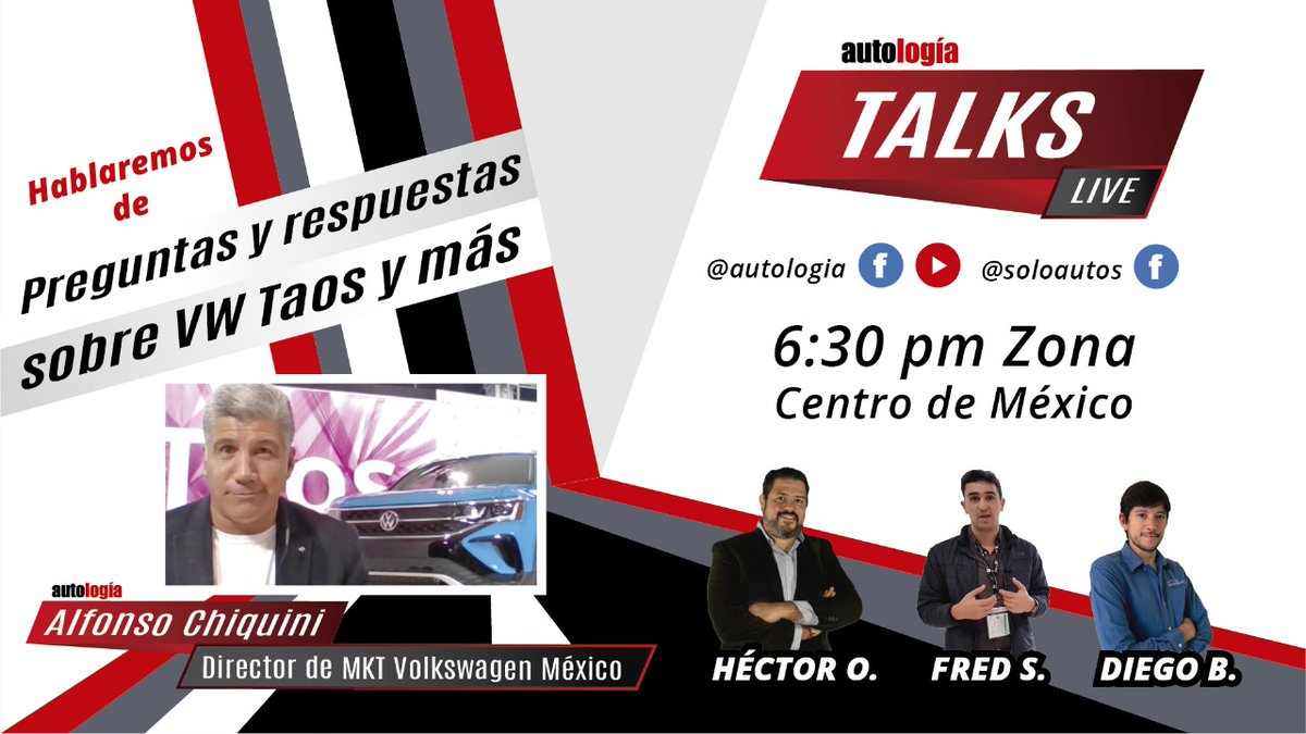#AutologíaTalks
Este miércoles estaremos platicando con @achiquini, Director de #MKT de @Volkswagen_MX, quien nos resolverá todas nuestras dudas sobre #VWTaos
Así que dejen sus preguntas aquí ⬇️ y no olviden sintonizarnos por #Facebook y #YouTube
https://t.co/HuIkN9vwTw https://t.co/OyZH7Yp72M