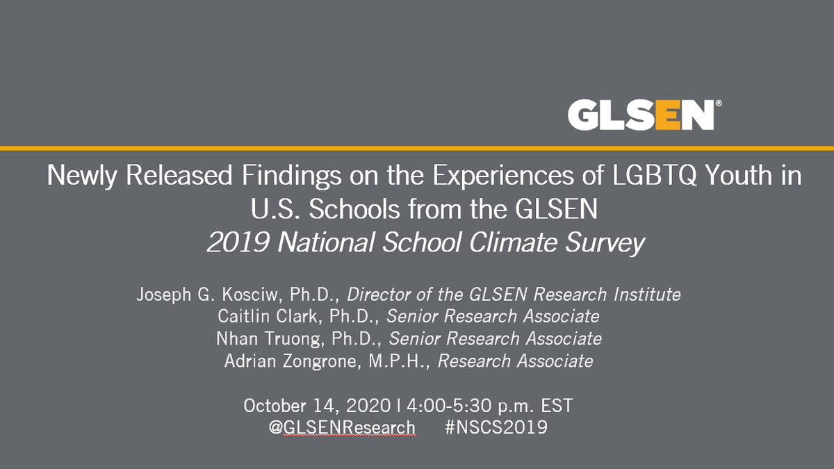 GLSENResearch's tweet photo. We’re about to begin! It’s not too late to join our webinar, discussing findings from #NSCS2019 and how LGBTQ+ student experiences have changed since our first survey, in 1999. Register &amp; join at https://t.co/QsmbSFsS2O https://t.co/5Q0vVE7zI6