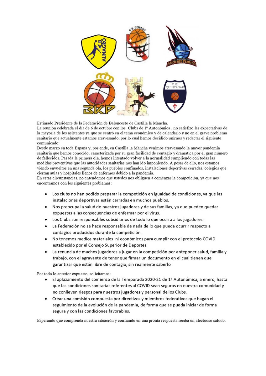 CBMiguelturra's tweet photo. Comunicado solicitando a la @fbclm el retraso de las competiciones https://t.co/cV6OBmPYtw