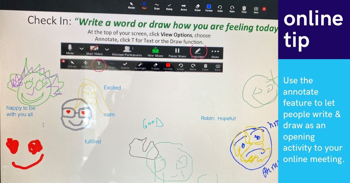 Here is a fun way to get your Zoom meetings started using annotate feature! Likely you can use other platforms to do this too. I know it works with Adobe Connect. Have fun! #onlinemeetings #virtualfacilitation
