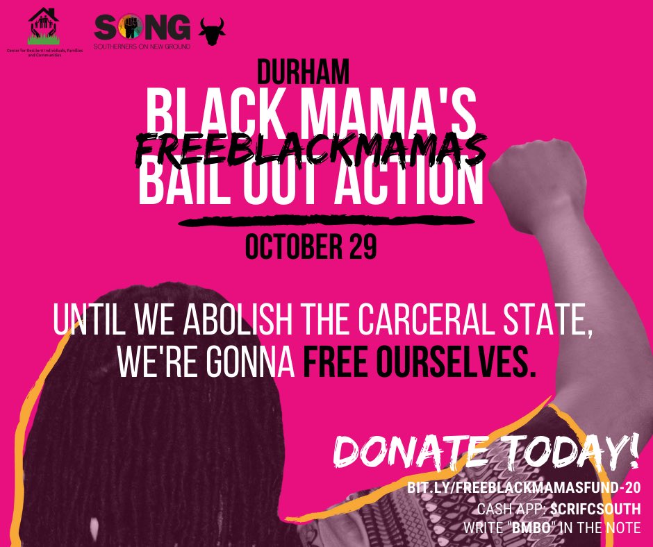 On 10/29 @songdurham is bailing out Black mamas, caregivers, LGBTQ, and nonbinary folks from the Durham Co. Jail. With the election and COVID-19 threatening their lives, we need our community members out of cells. Donate below to #FreeBlackMamas #FreeTheVote #EndMoneyBail
