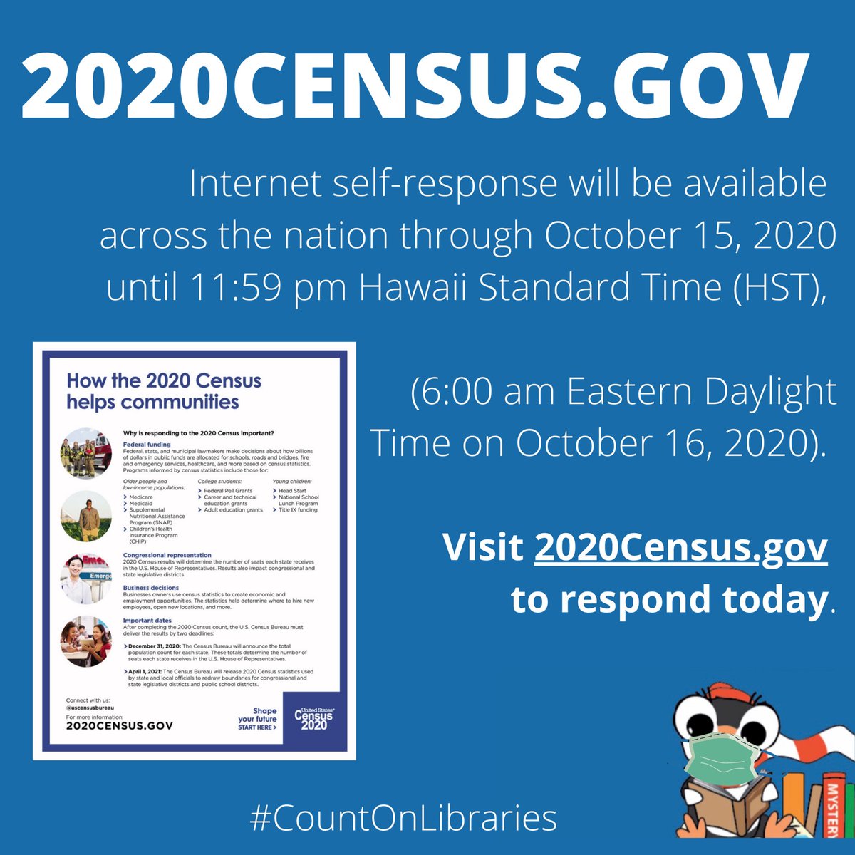 TriTownBookmobi's tweet image. Libraries serve everyone. 

2020Census.gov

Internet self-response will be available across the nation through October 15, 2020 until 6:00 am Eastern Daylight Time on October 16, 2020)

#CountOnLibraries #LibrariesCount  #2020Census 📚🚍 #TTB #ChillOutandRead