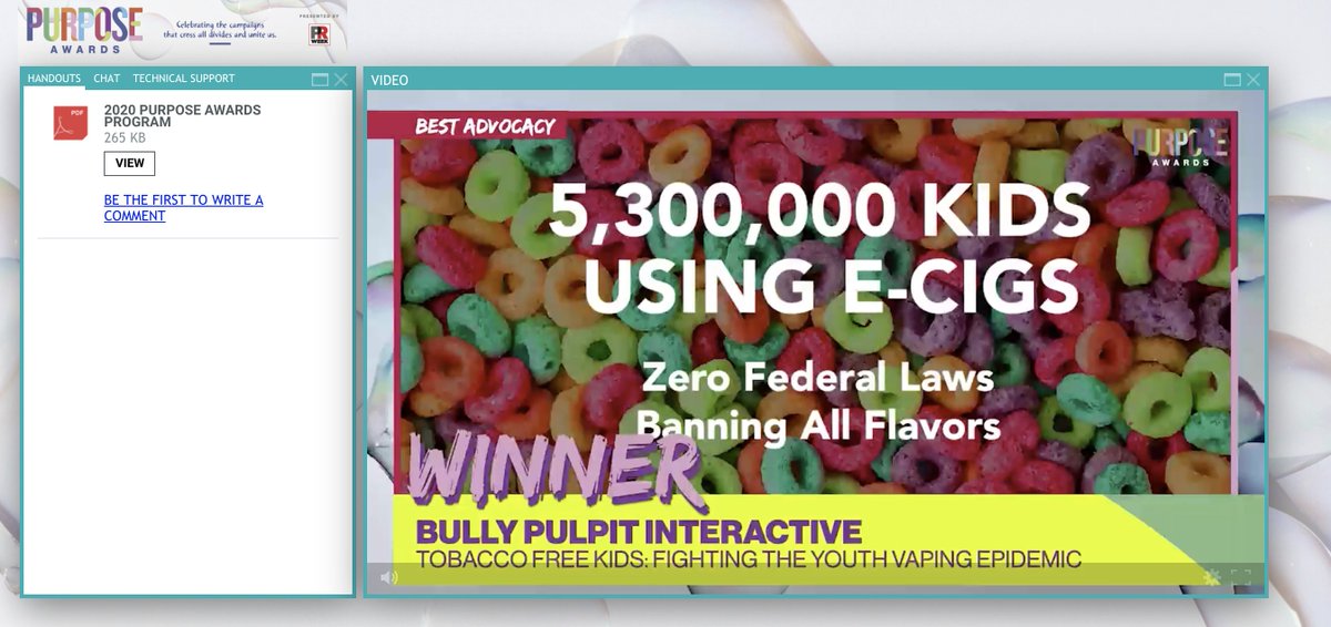 BPIMedia's tweet photo. Honored to win the #PRWeekPurposeAward. 1 in 4 high school students use e-cigarettes and COVID makes lung health even more important. We'll work with
@TobaccoFreeKids until a ban on marketing flavored tobacco to youth is in place: https://t.co/CUi8Qlbqxz