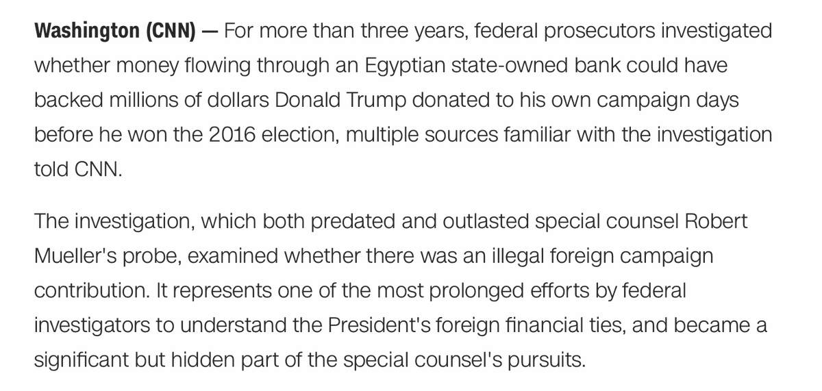 From the article: Looks like "self-financed campaign" possibly meant "financed through dictators' money laundering." Mueller chased this down but kept it *very quiet.*