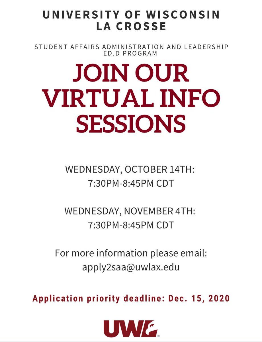 Join us tonight for a UWL Student Affairs Administration and Leadership Info Session!
 us02web.zoom.us/j/7993161596... Passcode 95996874