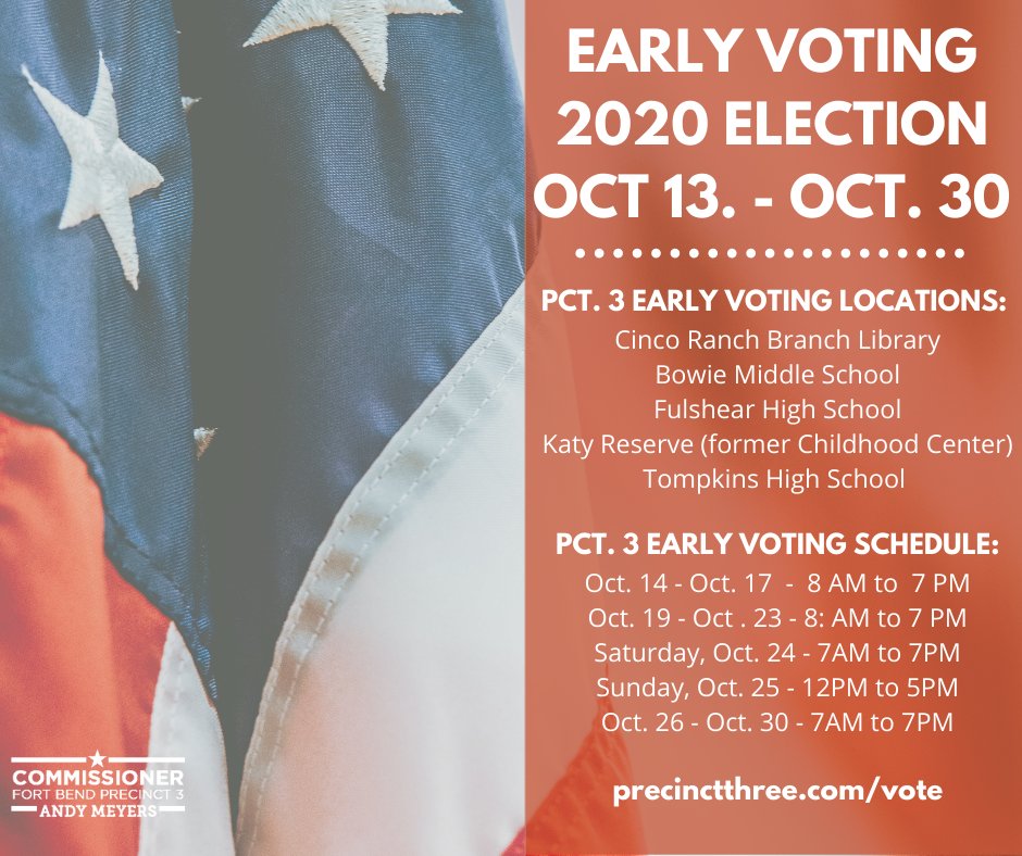 FBCCommPct3's tweet photo. ICYMI: Commissioner's Court has authorized a change in the #Election2020 #earlyvotingtexas hours for the remainder of this week. This will apply to all voting locations throughout Fort Bend County. Beginning today, 10/14 though 10/17, the new hours will be 8 AM - 7 PM. https://t.co/94bmOyCvSW