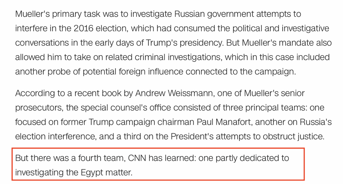 SECRET FOURTH TEAM OF MUELLER INQUIRY FOCUSED ON POTENTIAL EGYPTIAN FINANCIAL INFUSION TO TRUMP JUST BEFORE THE ELECTION