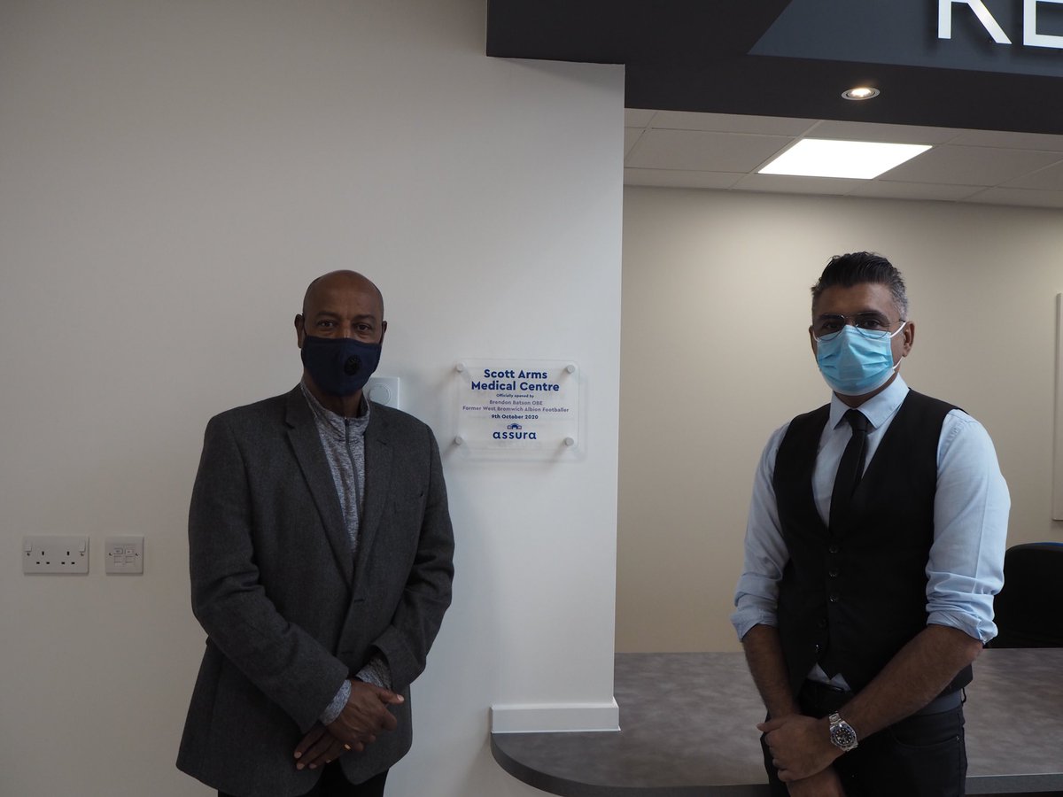 DrHallan's tweet photo. A personal honour to have a sporting hero and pioneer Brendon Batson opening our new Scott Arms Medical Centre🥂. My sincere thanks for taking time out. @WBA @SWBCCG #wba #nhs #primarycare #gp @SWBHnhs @SWBHCommunityDN @SWBGPsupport @JosephMasi_Star https://t.co/pHbCzGBziT