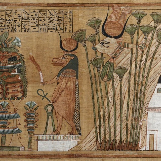 Green (Wadj) was obtained from malachite, the word Wadj also means to flourish or to be healthy. Earth and fertility gods, Geb and Osiris, are depicted with green skin, reflecting their power to grow vegetation and power of resurrection. Wadj, was also associated with Hathor.