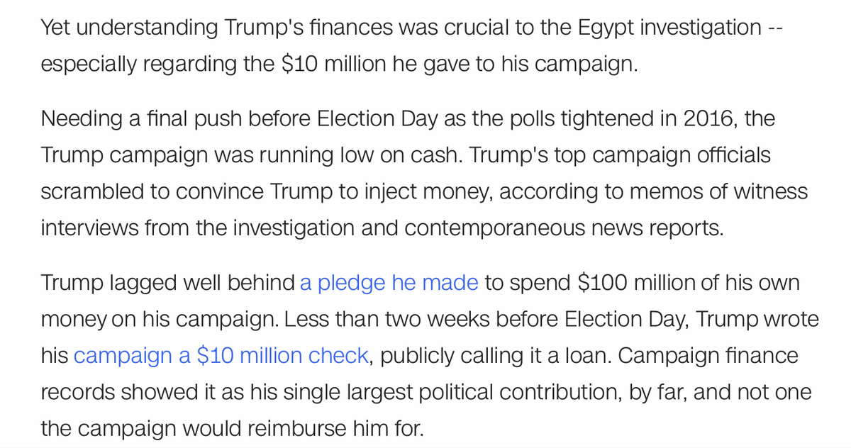 THE PUTATIVE FOREIGN MONEY WOULD HAVE FLOWED *DIRECTLY THROUGH TRUMP'S PERSONAL FINANCES TO THE CAMPAIGN." Meaning a foreign dictator would have - for just this incident - owned Trump through compromise FOR HIS ENTIRE PRESIDENCY.GET IT YET?