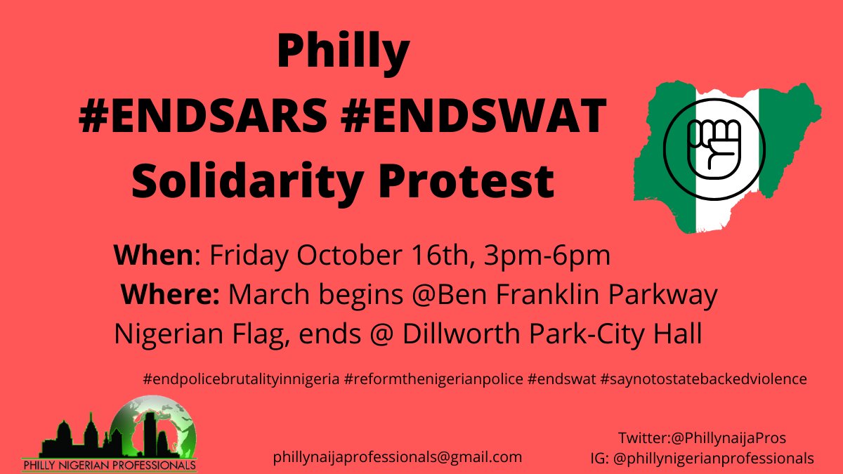Friday! Philly will stand. 
#ReformTheNigerianPolice #EndSWAT #EndSARS #EndPoliceBrutalityinNigeria #EndPoliceBrutality #endstatebackedviolence #holdgovernmentaccountable #powertothepeople
