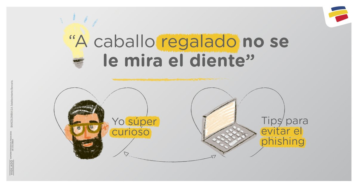 Bancolombia's tweet photo. ¿Te llegan más correos sospechosos de lo normal? ¡Ojo! 👀      Pueden estar intentando robarte datos para suplantar tu identidad. Hoy te damos 2 tips para aprender a identificarlos y evitar el phishing #FinancieraMente. ʘ˧ https://t.co/QcDiMcIk06