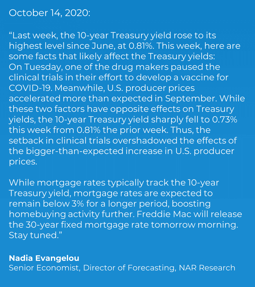 NAR_Research's tweet image. "While mortgage rates typically track the 10-year Treasury yield, mortgage rates are expected to remain below 3% for a longer period, boosting homebuying activity further. Freddie Mac will release the 30-year fixed mortgage rate tomorrow morning. Stay tuned."