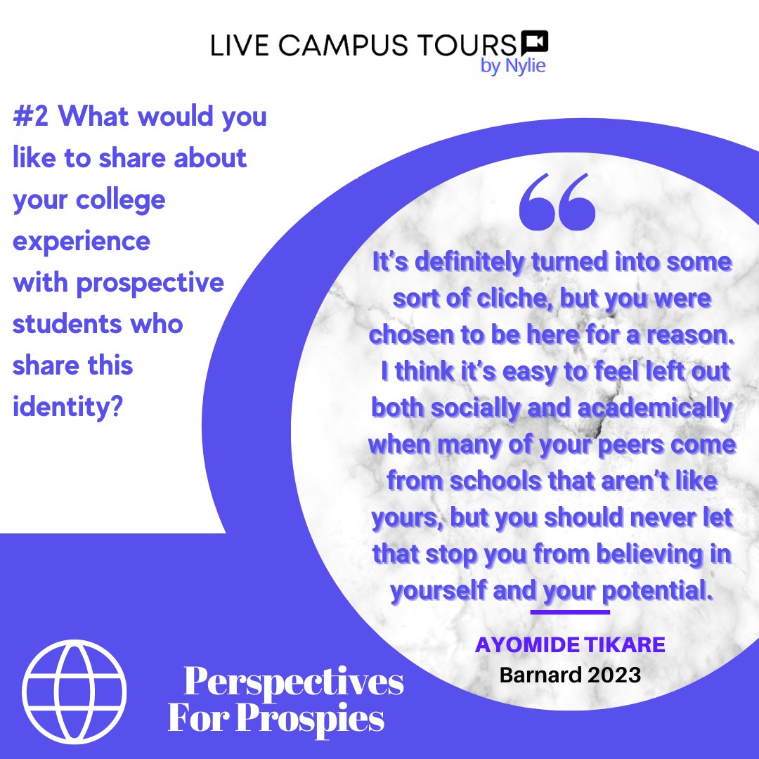 livecampustours's tweet photo. Meet Ayomide Tikare (Barnard, 2023)! Learn more about the different ways current students navigate their unique identities and experiences in college!
#touranywhere #tourfromhome #easywithnylie #collegesearch #campus #campustour #studentjobs #campusjobs #LiveCampusTours #Nylie https://t.co/chCHyHLDcr