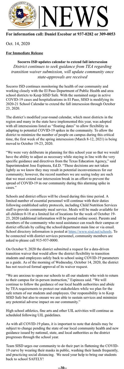 With the sustained surge in active COVID-19 cases and hospitalizations in El Paso, #TeamSISD is modifying its 2020-21 School Calendar to extend the fall intersession through October 23, 2020. Read more 👇🏼 or at sisd.net/backtoschool.