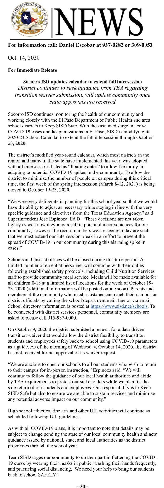 Socorro ISD on X: socorro-isd-on-x-with-the-sustained-surge-in-active-covid-19-cases-and-hospitalizations-in-el-paso-teamsisd-is-modifying-its-2020-21-school-calendar-to-extend-the-fall-intersession-through-october-23