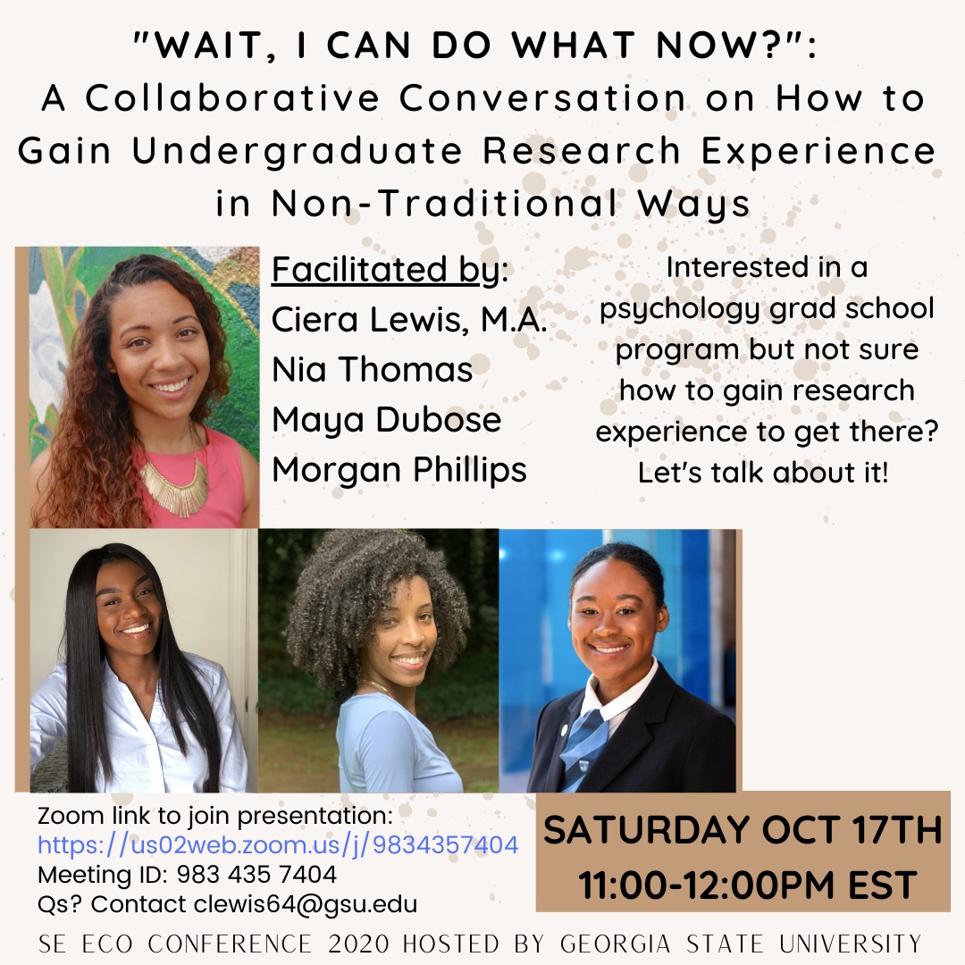 GSUPsychology's tweet photo. Join on Oct 17 at 11 am for a discussion on how BIPOC undergraduate students interested in psychology graduate programs can gain research experience! Open to undergrads, grad students, & faculty. Link: https://t.co/EfW9fSKEhJ
Meeting ID: 983 435 7404
#undergradresearch #gsupsych https://t.co/sk3czUTCw7