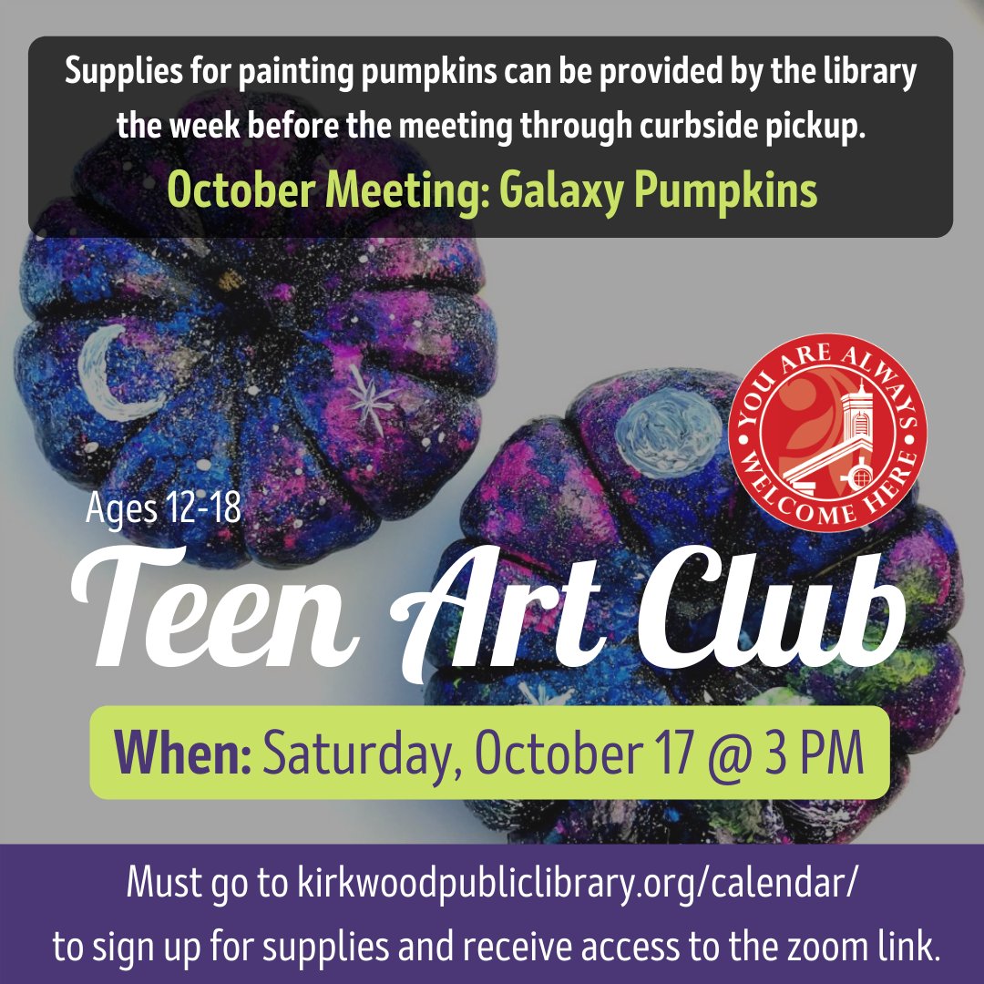Don't forget to sign up for Teen Art Club and join us over Zoom as we paint our own pumpkins and chat about how #inktober is going for all of us! ow.ly/lShN50BMFzR
#athomewithkpl #quarantinewithkpl #galaxy #pumpkins #teenartclub #teenprograms