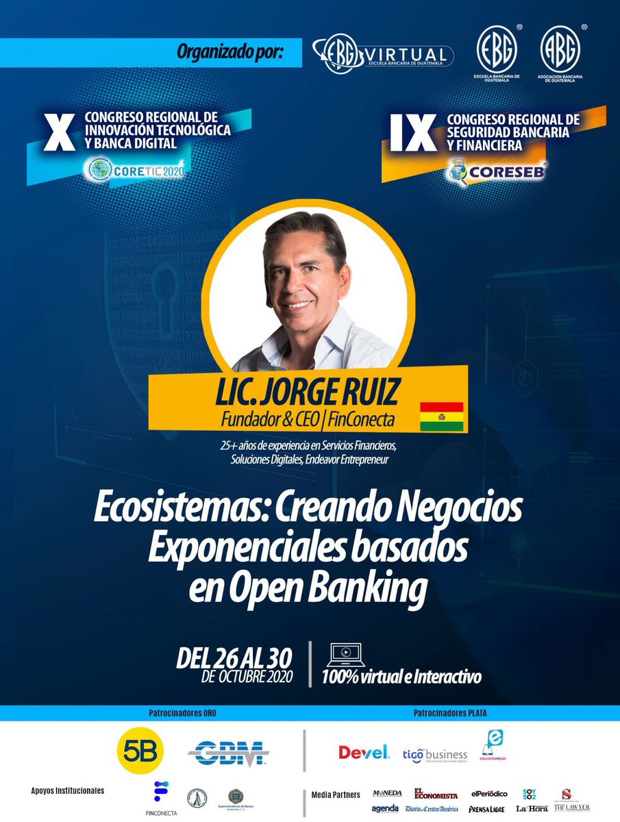 FinConecta's tweet photo. Nuestro CEO Jorge Ruiz estará presentando “Ecosistemas: Creando Negocios Exponenciales Basados en Open Banking” el 29 de Octubre en #CORETIC y #CORESEB

Esperamos verlos ahi!

#conferencia #conferenciavirtual #finconecta #openbanking #bancaabierta #openAPIs #transformacióndigital https://t.co/U8nZCIP9kh