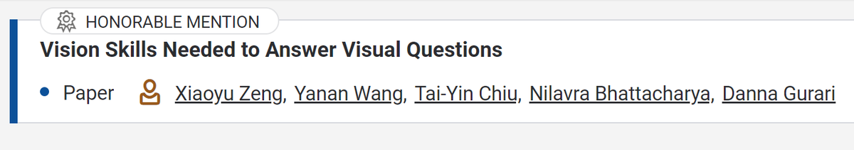 NilavraB's tweet image. 🎖️🎖️ Our #VizWiz paper about #ComputerVision Skills needed to answer #VisualQuestions received #HonorableMention at #CSCW2020! 🎖️🎖️

Made possible by untiring efforts from Xiaoyu Zeng, Yanan Wang, Tai-Yin Chiu &amp;amp; @DrDannaG 👏👏

Paper, Code, Dataset: vizwiz.org/tasks-and-data…