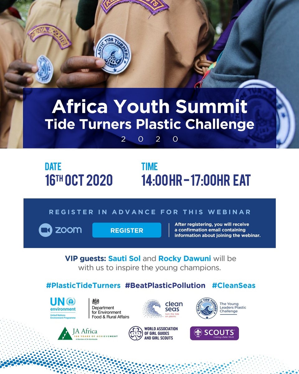 UNEP in partnership with World Organization of the Scouts Movement (WOSM), World Association of Girl Guides and Girl Scouts (WAGGGS) and Junior Achievement (JA) cordially invite you to the virtual youth summit of the Tide Turners Plastic Challenge-Africa