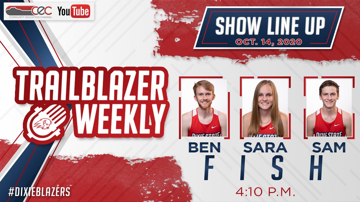 We're back with another edition of #TrailblazerWeekly! 

This week @dsuxc siblings Ben, Sara, &amp; Sam Fish join the show to discuss their time at Dixie State. Keric &amp; Drayson also compete in a short race. #DixieBlazers

🕒 : 4 p.m.
📺 : <a href="/CECTV/">CECTV</a> 
💻 📱 : @DixieAthletics YouTube