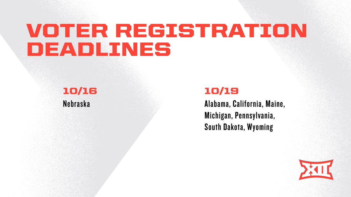 🚨 Voter Registration deadlines approaching within the week for the states listed below. 

Your 𝘃𝗼𝗶𝗰𝗲 matters. 🗣️
Your 𝘃𝗼𝘁𝗲 matters. 🗳️

🔗 vote.gov | #Big12Votes