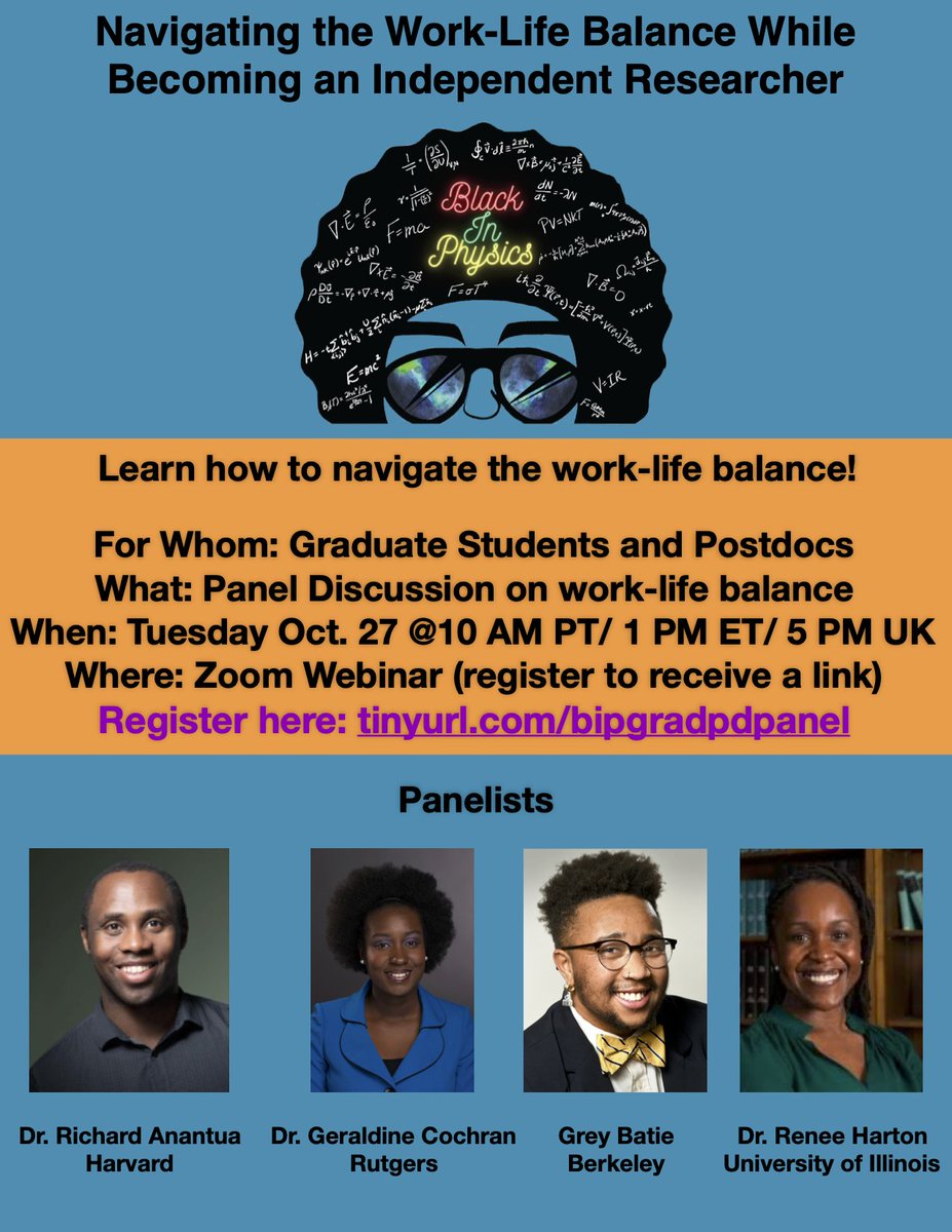 So over the work from home struggles? Grad students and postdocs look no further! Navigating the Work-Life Balance While Becoming an Independent Researcher panel takes place Tues Oct. 27 at 10 AM PT/ 1 PM ET/ 5 PM UK. Great tips await! Register at  http://tinyurl.com/bipgradpdpanel 