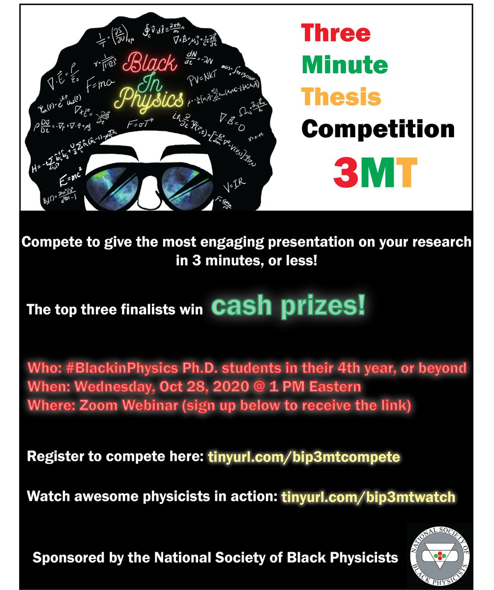 Want to win some cash prizes?! On Wed Oct 28 at 10AM PT/ 1PM ET/ 5PM UK, we have a 3-minute thesis competition! Register to compete:  http://tinyurl.com/bip3mtcompete . Looking to hire a soon-to-be PhD? Want to see some awesome research? The sign up to watch at:  http://tinyurl.com/bip3mtwatch 