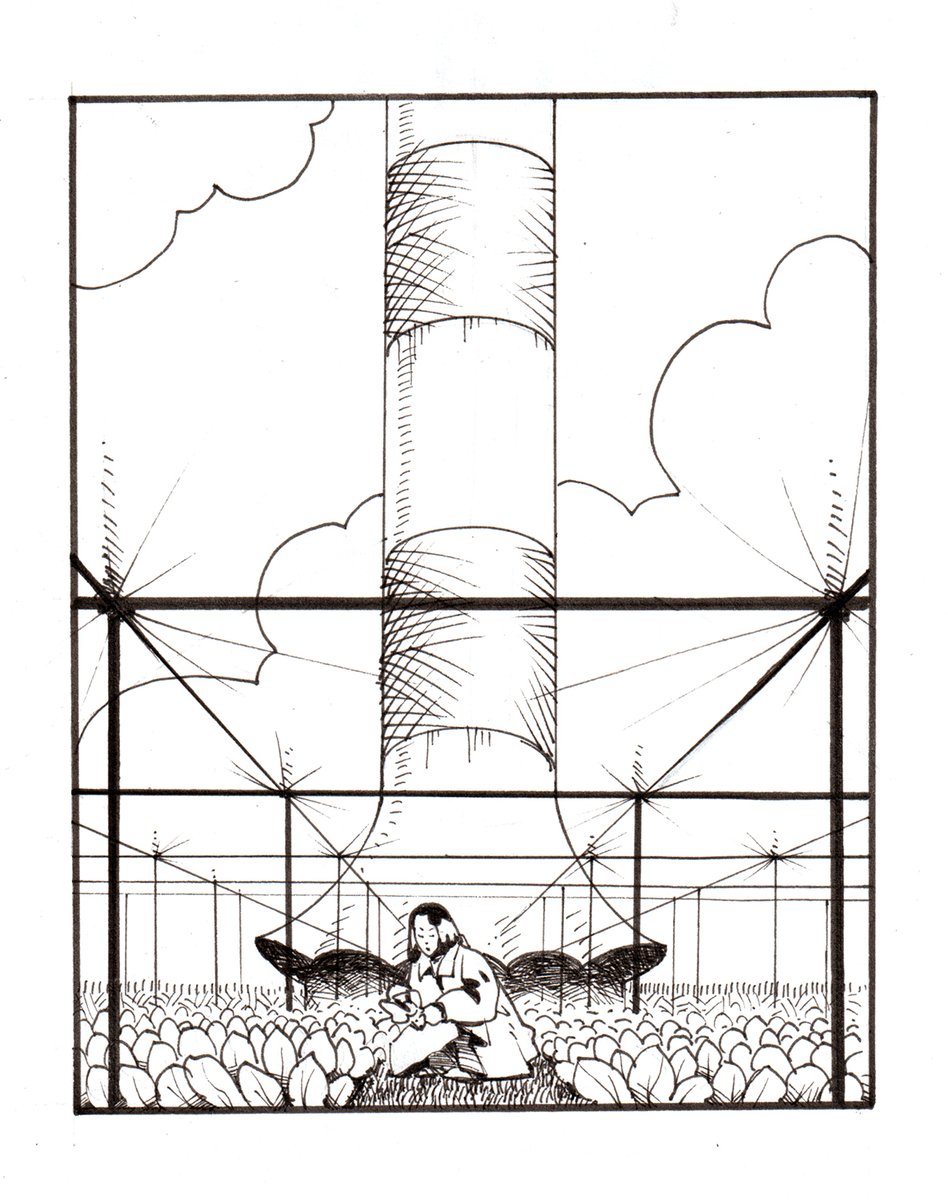 Lil_Tachyon's tweet image. A farm worker stoops to gather crops in the greenhouse fields surrounding Solar Updraft Tower No. 5 in Imperial County, CA. In the late 21st century, such towers became ubiquitous in sunny rural areas.

#solarpunk #hopepunk