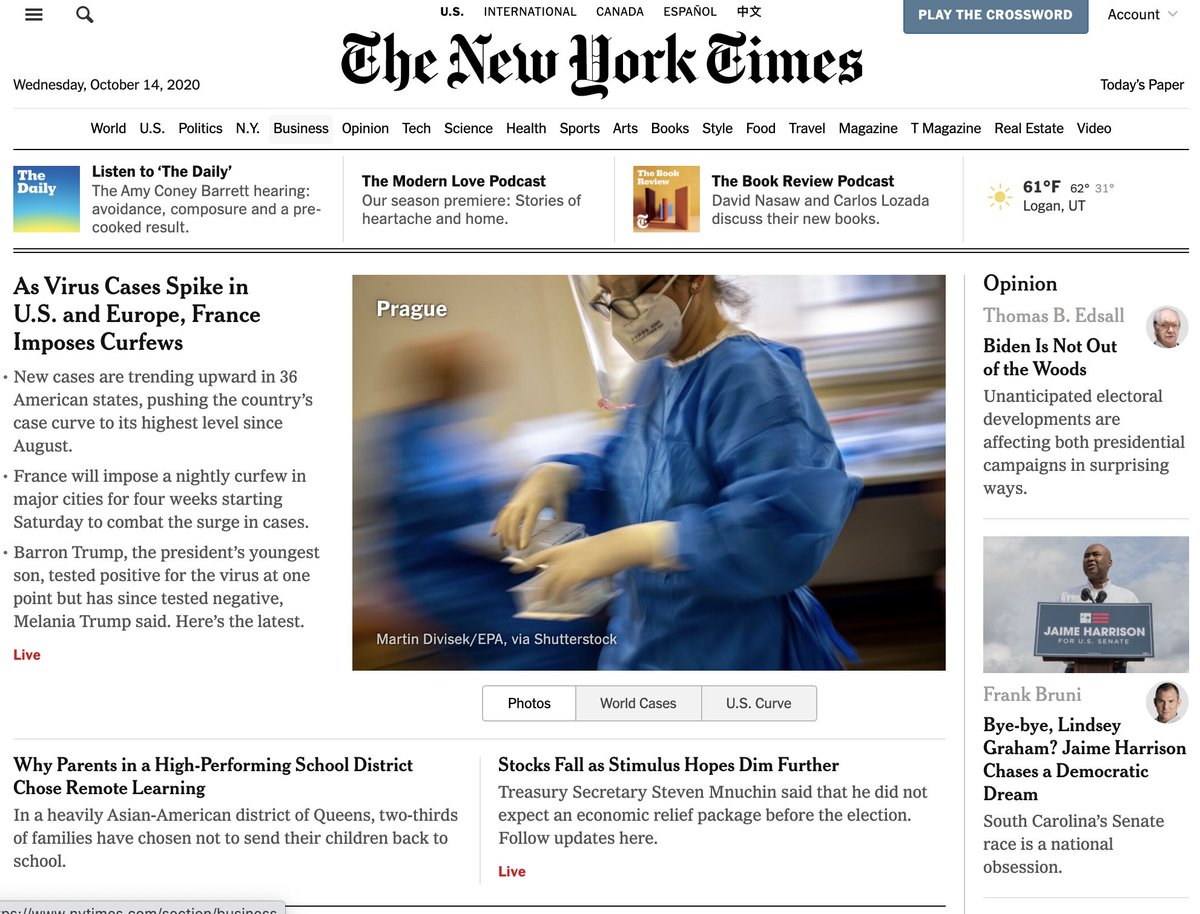 New York Times front page screenshot showing mix of stories about coronavirus, economy, politics