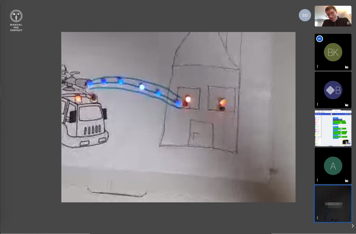 A fully engaged group of kids made our first #CodeWeek online workshop a huge success, creating beautifully animated fire engines. Multiple <a href="/MSMakeCode/">Microsoft MakeCode</a> basic.forever loops proved to be optimal for controlling the LEDs.
Many thanks to #meetandcode and <a href="/TheMakerBit/">TheMakerBit</a> who sponsored us